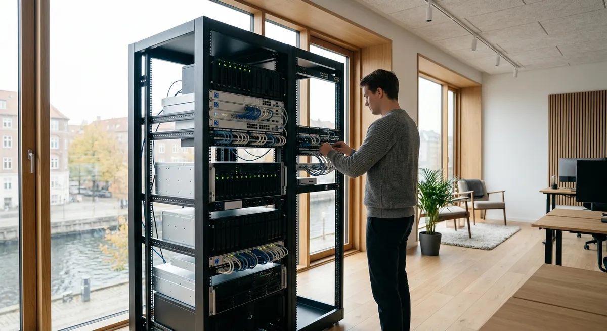 Et lyst og moderne serverrum med skandinavisk design der illustrerer et hurtigt webhotel